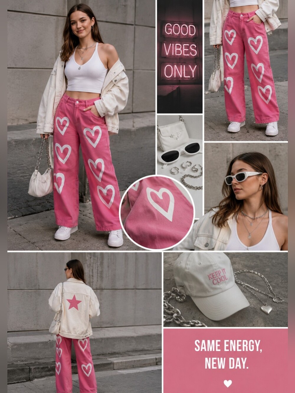 💖 Pink Heart Print Wide-Leg Jeans – Size S